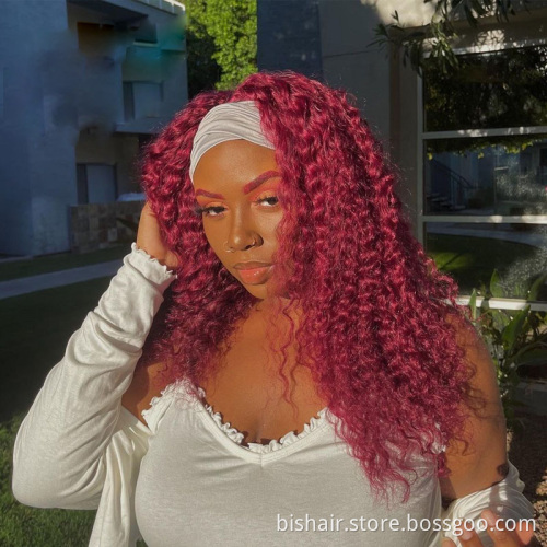 Wholesale Human Hair Headband 99j Burgundy Colored Curly Wave Wig For Women Human Hair 10A Brazilian Remy Hair Curly